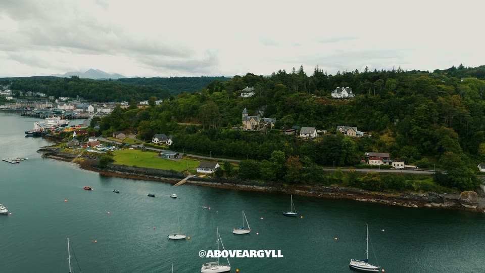 Dramatic aerial drone footage of Dungallan House above Oban Bay