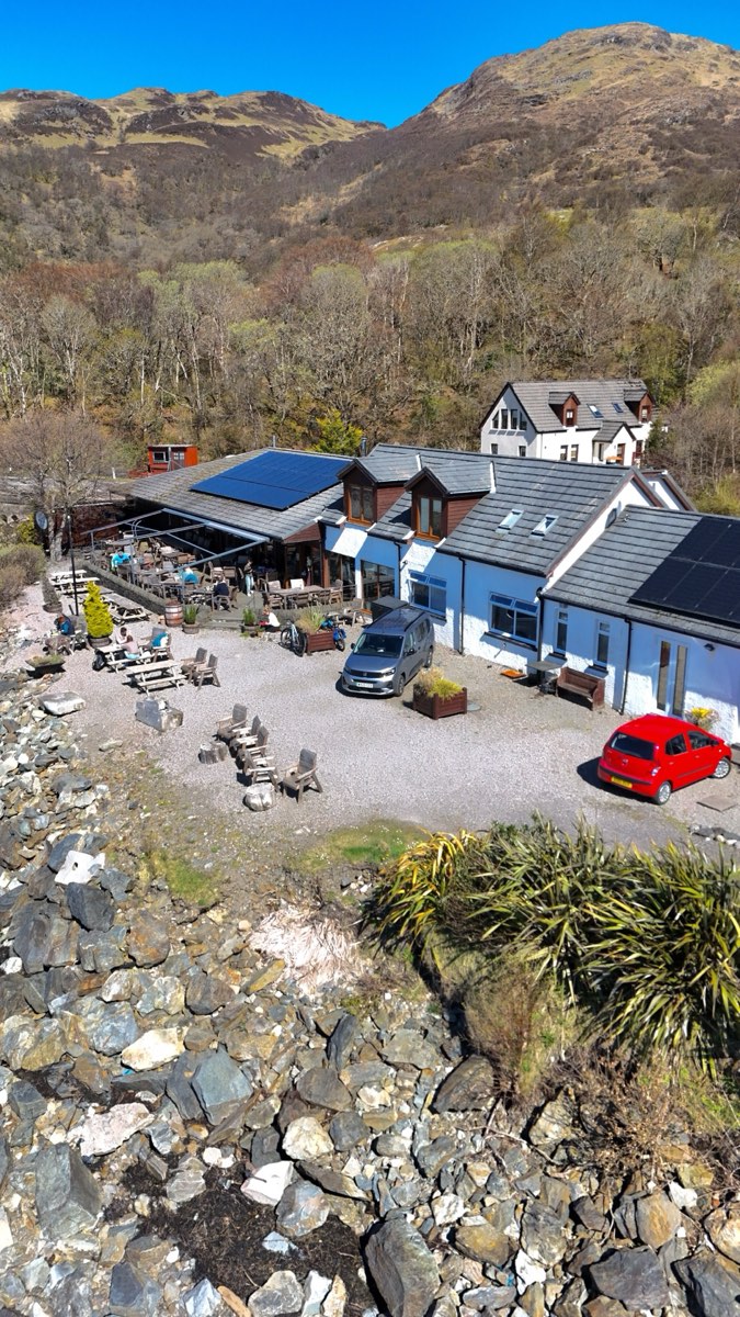 Lochside restaurant aerial drone photography, Argyll